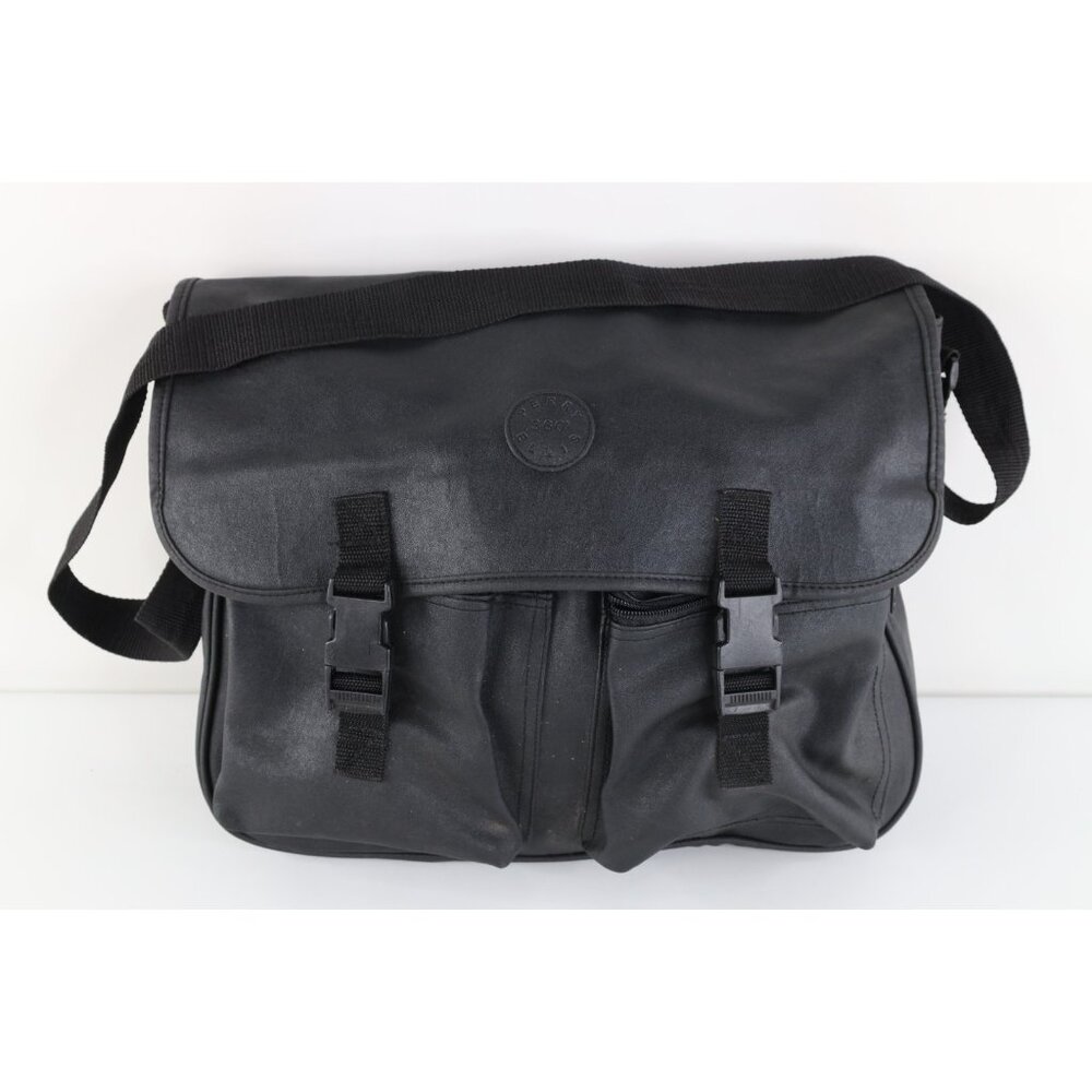 Vintage 90s Perry Ellis Spell Out Faux Leather Crossbody Messenger Bag Black